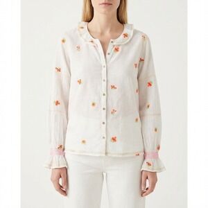 Intropia Size 36 Floral Embroidered Bouquet Ruffle Collar Long Sleeve Blouse Top